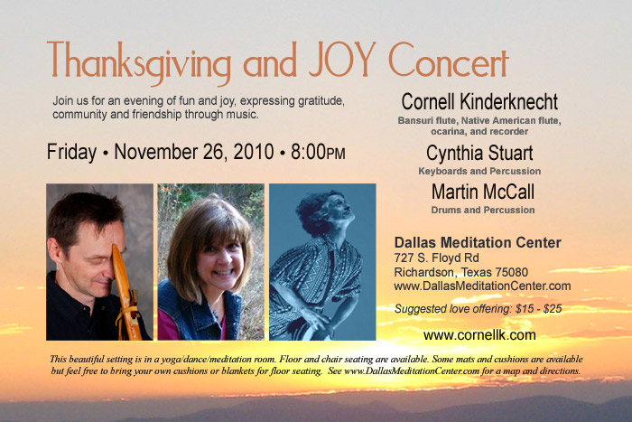 Thanksgiving and JOY Concert, Sound Oasis: Cornell Kinderknecht, Cynthia Stuart and Martin McCall - November 26, 2010 - Richardson/Dallas, Texas